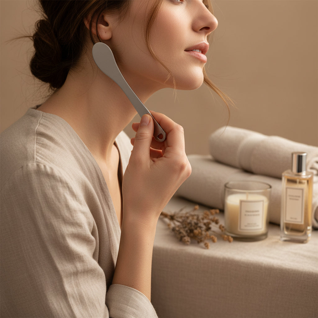 A woman gently applying fragrance to her neck using a stainless steel perfume applicator tool to protect her linen robe and silk clothing from oil stains and perfume overspray.
