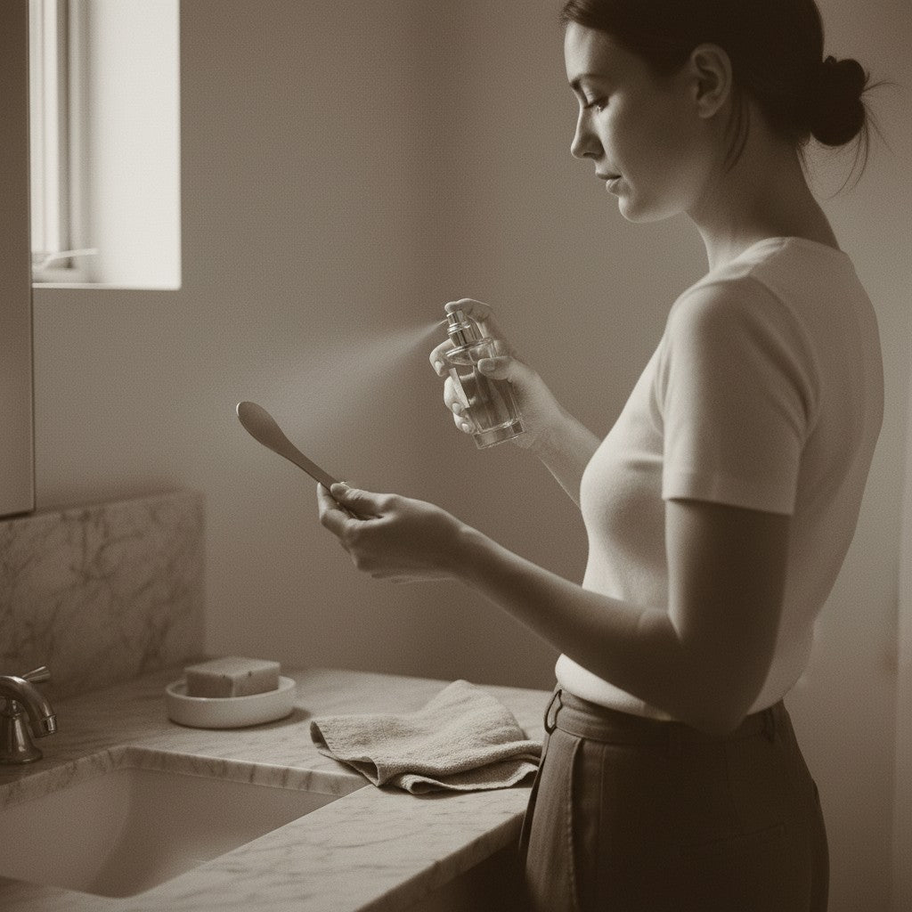 Capture perfume mist on a metal applicator tool to prevent overspray and oil stains on designer clothing.