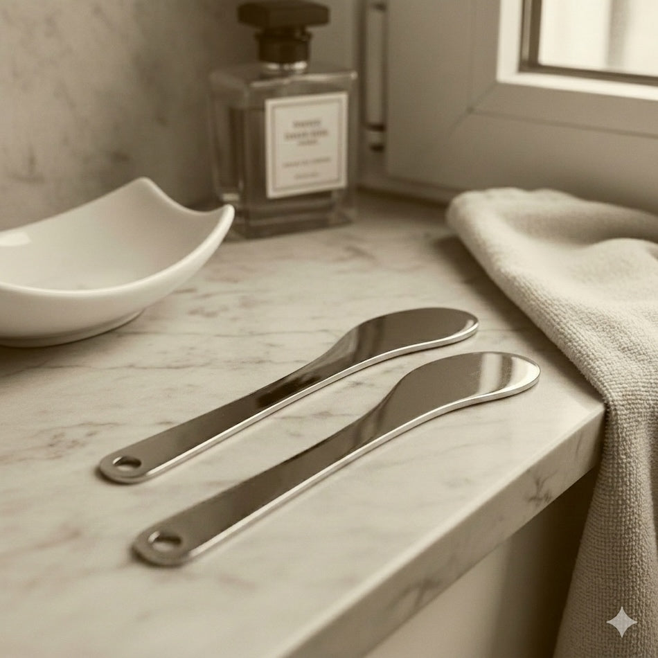 Two stainless steel perfume applicators on a white marble vanity, representing the best way to apply fragrance oils to the skin without staining delicate silk fabrics.