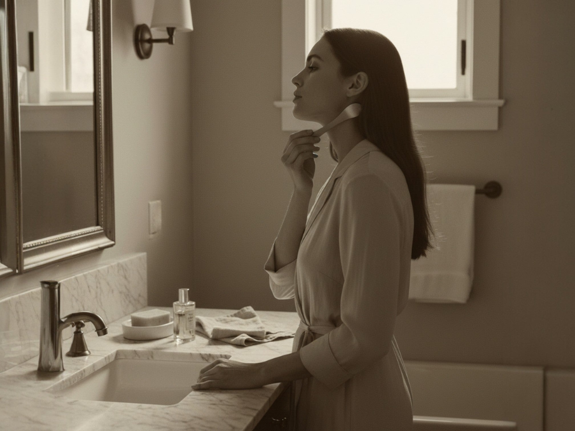 A woman in a silk robe using the Fragrance Touch metal applicator to apply perfume to her neck, ensuring the fragrance oils do not touch or stain her luxury loungewear.