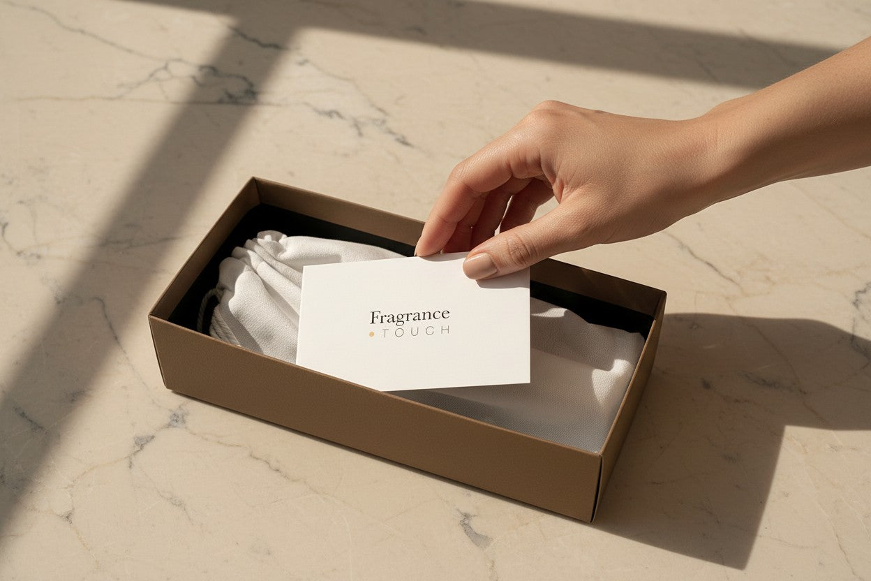 A hand opening a premium Fragrance Touch gift box, showing a gift for fragrance lovers to protect luxury clothing from alcohol spray and oil damage.