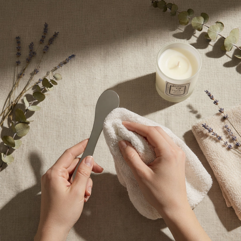 A person using a soft white cloth to clean a metal perfume applicator tool to ensure a stain-free fragrance application on luxury clothing and silk fabrics.