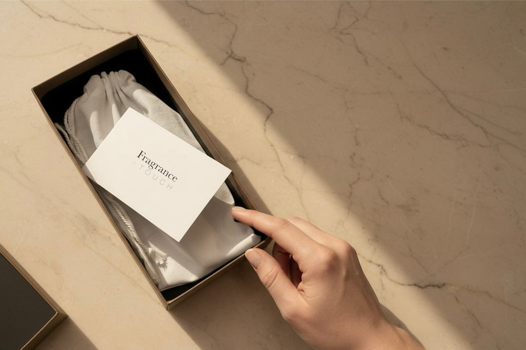 Unboxing the Fragrance Touch tool, a premium perfume accessory and gift designed to protect designer clothing and silk from oil and alcohol spray damage.