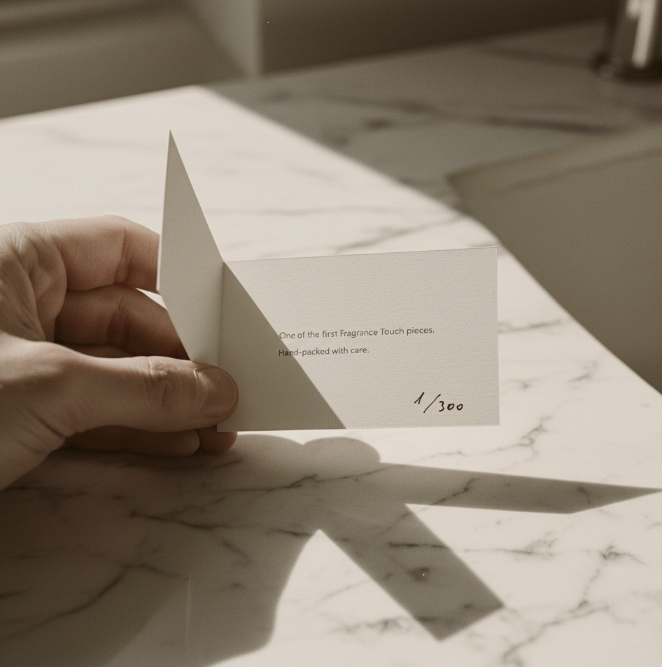 Hand-numbered authenticity card that comes with the perfume applicator Fragrance Touch First Edition.