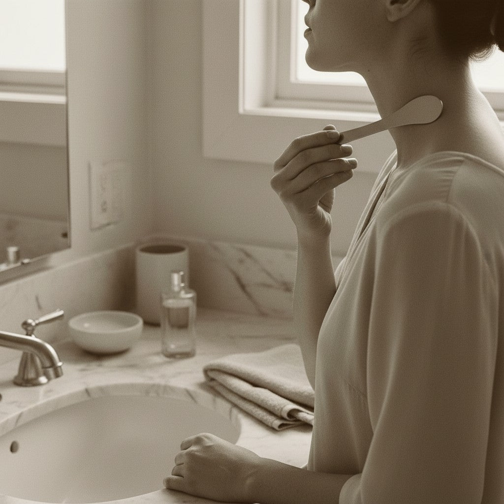 A woman practicing a mindful fragrance ritual, applying perfume directly to pulse points with a metal tool to keep oils off her luxury silk blouse.