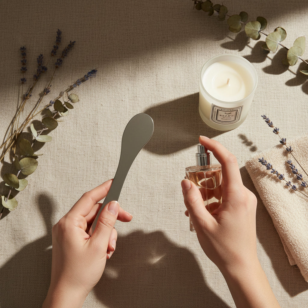 Hands spraying perfume onto a metal applicator tool to avoid overspray on clothes and prevent oil stains on delicate fabrics during a morning fragrance ritual.
