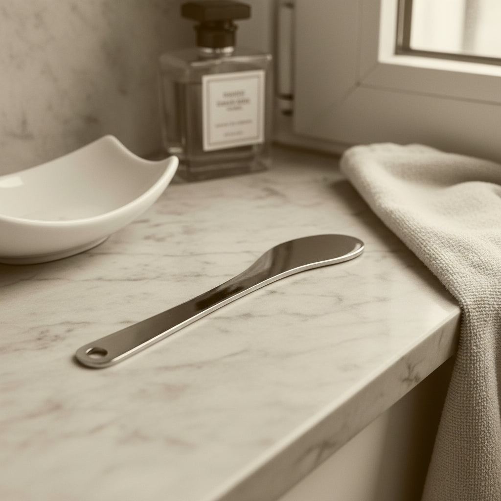 Minimalist stainless steel perfume applicator that helps preventing stain on clothes resting on a stone bathroom