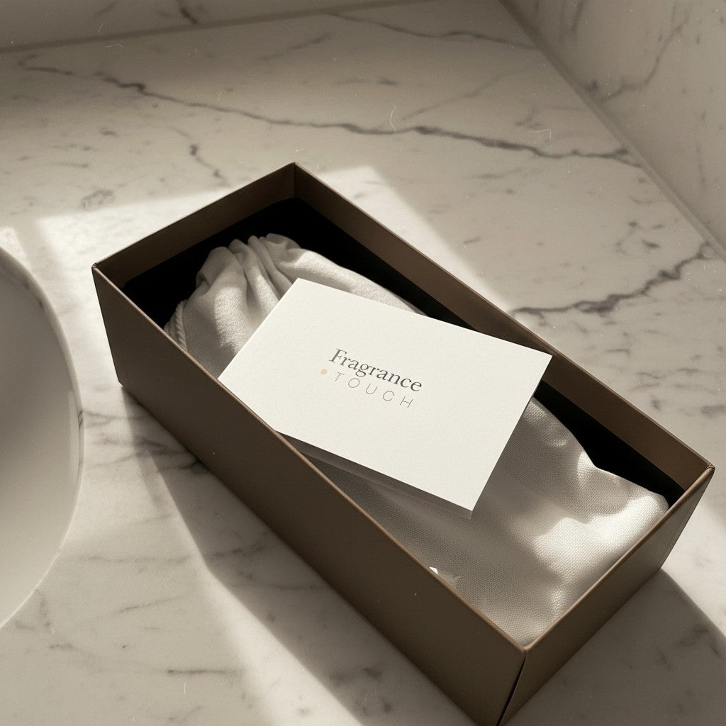 A premium metal perfume accessory presented in a luxury gift box on a marble surface, designed to prevent fragrance oil stains and protect high-end clothing.