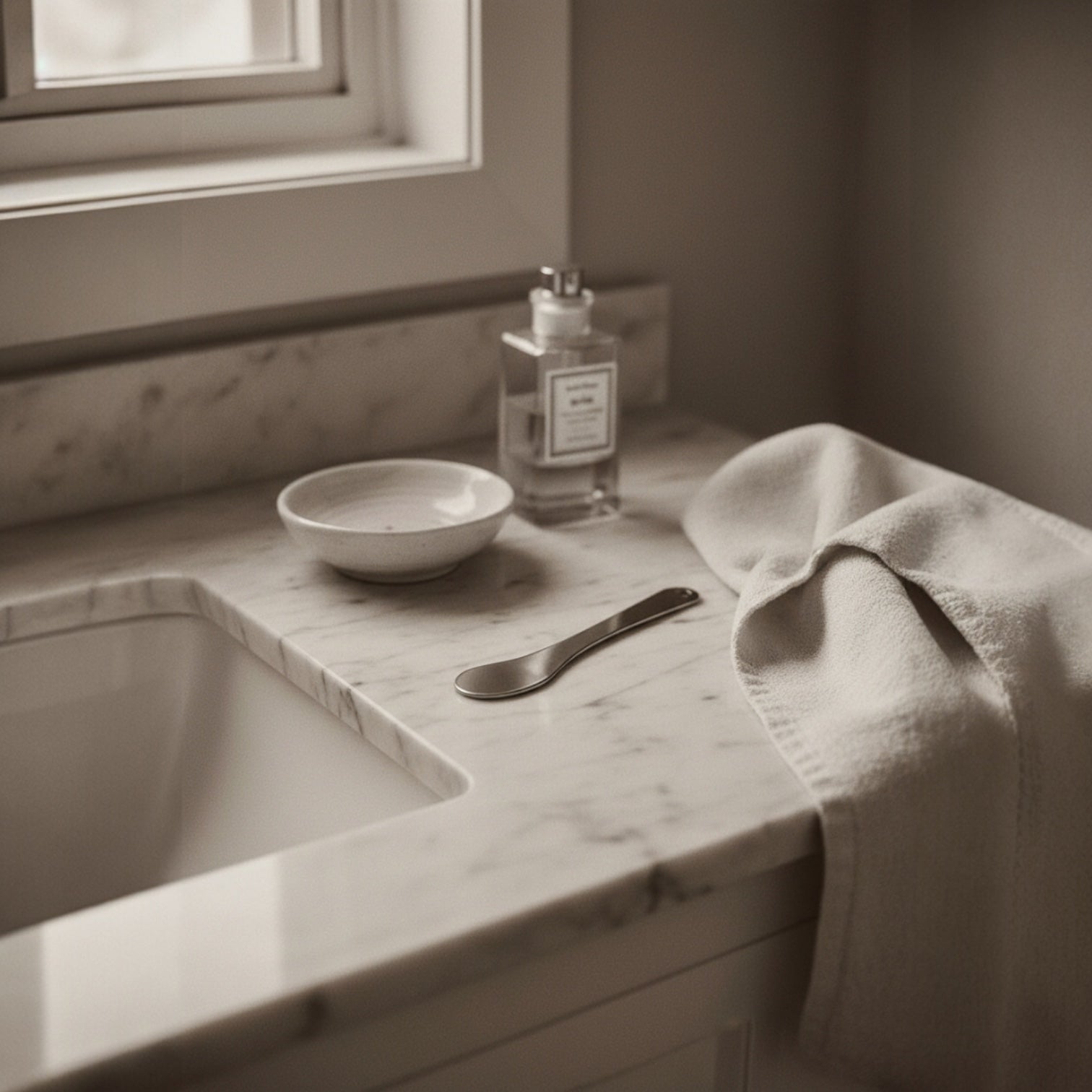 A minimalist bathroom scene with a metal perfume applicator tool on a marble sink area, positioned to show how to prevent fragrance oil spots on expensive clothing.