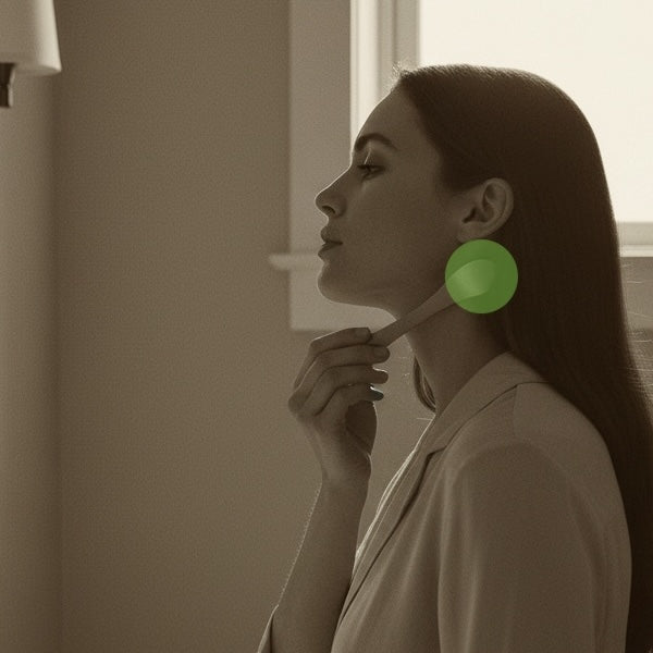 A green circle highlighting the safe application of perfume to the neck using a fragrance applicator tool, preventing fragrance spray from touching clothing and avoiding yellow oil spots.