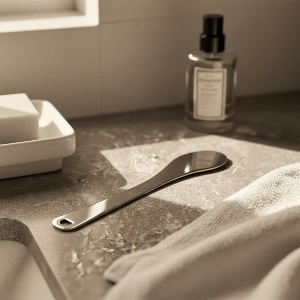 A stainless steel fragrance tool on a luxury marble bathroom counter, providing a solution to prevent perfume oil stains on delicate clothes.