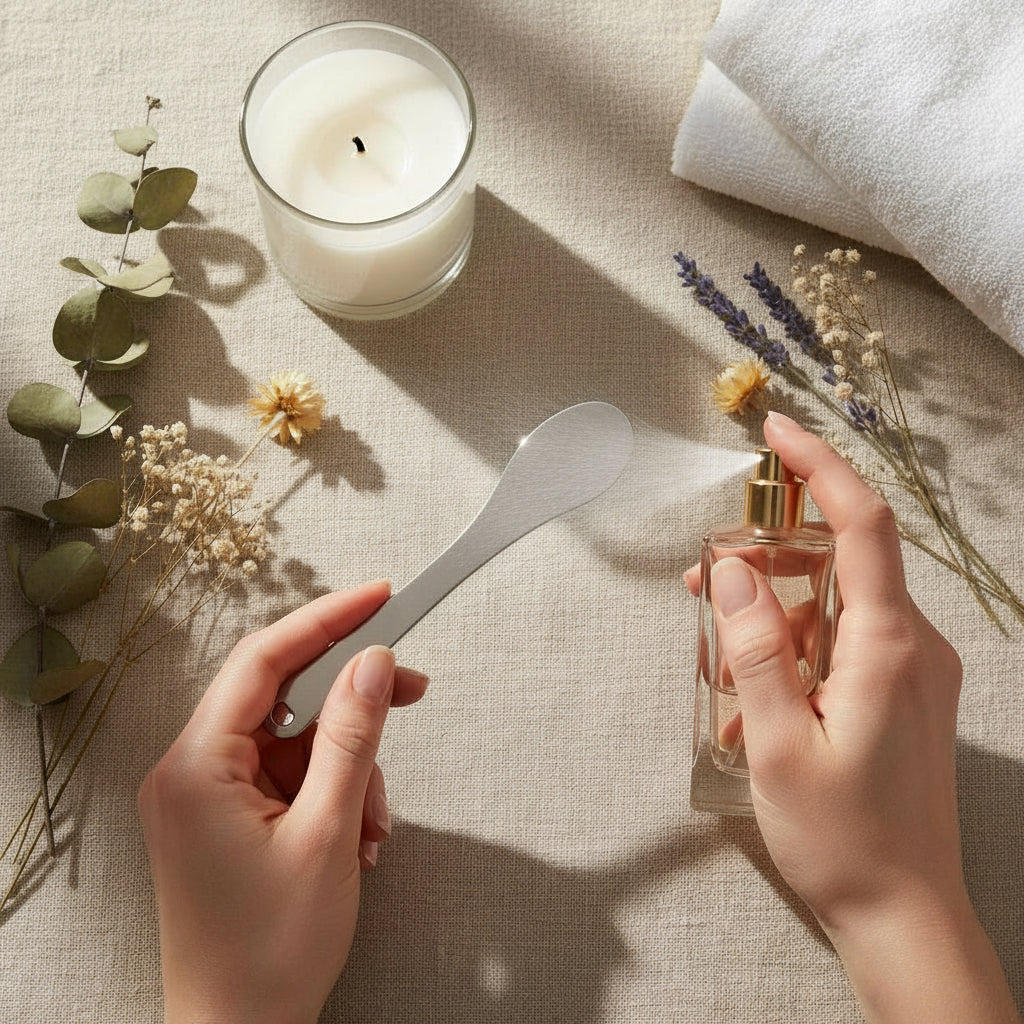Spraying fragrance onto a stainless steel applicator tool to capture perfume mist and prevent alcohol damage or oil stains on luxury white clothing.